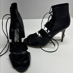Jimmy Choo Heels Caged Lace Up Open Toe High Heeled Shoes Leather Black 37.5